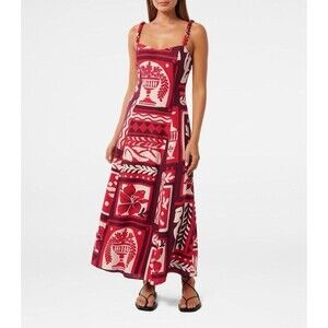 Forever New Geometric Print Linen Blend Midi Dress red White Womens Size 8 lined